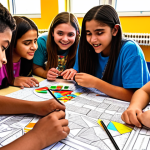 **

A diverse group of teenagers collaborating on a community project in a youth center. Include elements like teamwork, creative expression (artwork, music), and positive interaction. Emphasize a supportive and inclusive atmosphere with bright colors and natural lighting. The scene should evoke feelings of empowerment, collaboration, and community spirit, inspired by "Empoderando a la Próxima Generación: Liderazgo Juvenil"

**