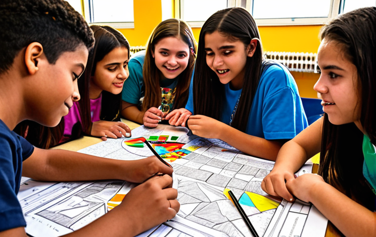 **
A diverse group of teenagers collaborating on a community project in a youth center. Include elements like teamwork, creative expression (artwork, music), and positive interaction. Emphasize a supportive and inclusive atmosphere with bright colors and natural lighting. The scene should evoke feelings of empowerment, collaboration, and community spirit, inspired by "Empoderando a la Próxima Generación: Liderazgo Juvenil"
**