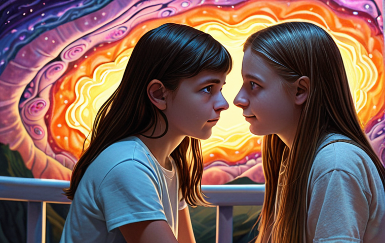 **Prompt 1: Empathetic Connection & Inner World Exploration**
A compassionate youth counselor making genuine eye contact with a hesitant teenager. Behind the teenager, an abstract, ethereal landscape of swirling colors and subtle symbolic elements represents their complex inner world, encompassing fears, hopes, and unspoken emotions. A translucent, illuminated bridge of understanding and trust softly extends from the counselor towards the teenager's personal space, symbolizing the opening of a safe and non-judgmental connection. The lighting is soft and warm, conveying a hopeful and supportive atmosphere, emphasizing emotional depth and human connection.