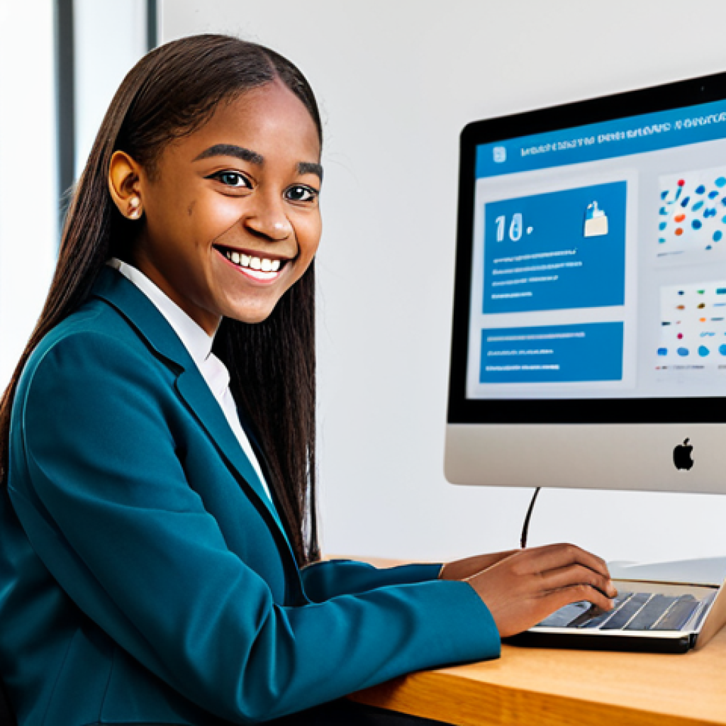 A compassionate youth professional, fully clothed in modest business attire, is seated at a clean, modern desk, reviewing a digital presentation on a laptop. The screen displays a vibrant infographic depicting positive youth development outcomes, with a subtle overlay of diverse, smiling youth faces. The professional's expression conveys empathy, dedication, and the power of their work, highlighting the human stories behind the data. The background is a bright, organized office space, subtly hinting at community engagement. The image emphasizes authenticity and the transformative impact of youth programs. safe for work, appropriate content, family-friendly, perfect anatomy, correct proportions, natural pose, well-formed hands, proper finger count, natural body proportions, professional photography, high quality.