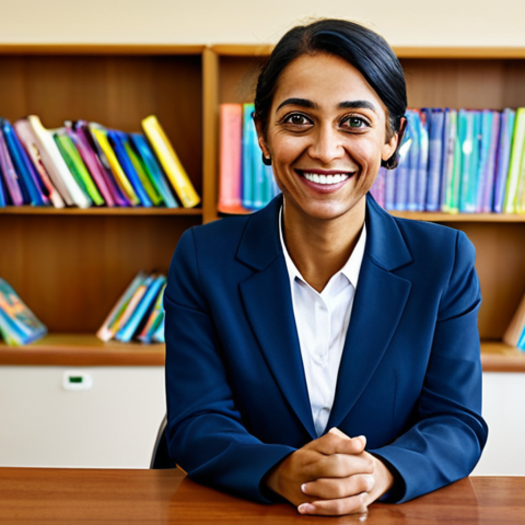 **
A professional social worker, fully clothed in modest business attire, sits at a desk in a brightly lit community center. She is smiling warmly at the viewer, with well-formed hands visible. Bookshelves and children's artwork adorn the background. Safe for work, appropriate content, professional, perfect anatomy, natural proportions, high quality.
**