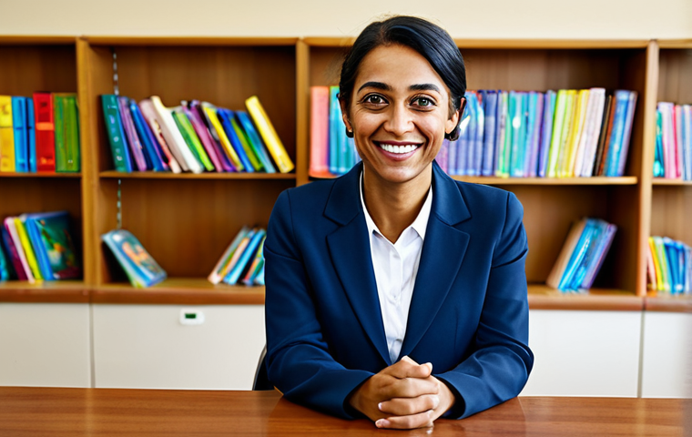 **
A professional social worker, fully clothed in modest business attire, sits at a desk in a brightly lit community center. She is smiling warmly at the viewer, with well-formed hands visible. Bookshelves and children's artwork adorn the background. Safe for work, appropriate content, professional, perfect anatomy, natural proportions, high quality.
**