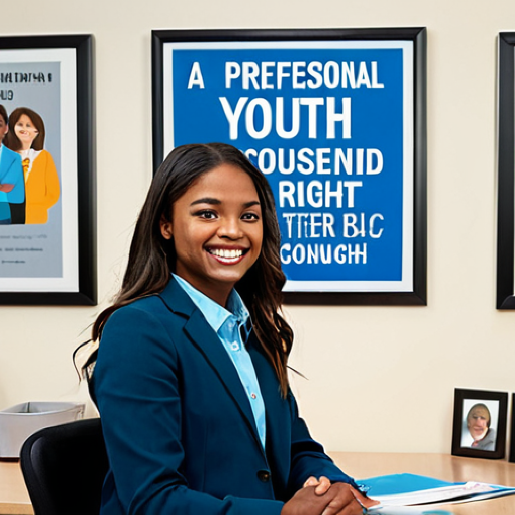 The Youth Counselor's Office**
"A professional youth counselor in a fully clothed, modest outfit sits at a desk in a bright, welcoming office. Posters about mental health awareness and youth rights adorn the walls. A diverse group of young people are shown in framed photos on the desk, smiling. The scene is safe for work, appropriate content, professional, and family-friendly. Perfect anatomy, correct proportions, natural pose, well-formed hands, proper finger count, natural body proportions. High-quality, professional photography."
**