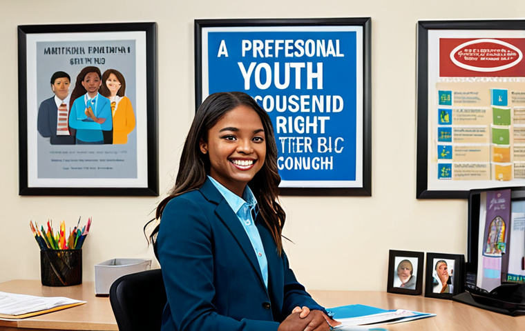The Youth Counselor's Office**

"A professional youth counselor in a fully clothed, modest outfit sits at a desk in a bright, welcoming office. Posters about mental health awareness and youth rights adorn the walls. A diverse group of young people are shown in framed photos on the desk, smiling. The scene is safe for work, appropriate content, professional, and family-friendly. Perfect anatomy, correct proportions, natural pose, well-formed hands, proper finger count, natural body proportions. High-quality, professional photography."

**