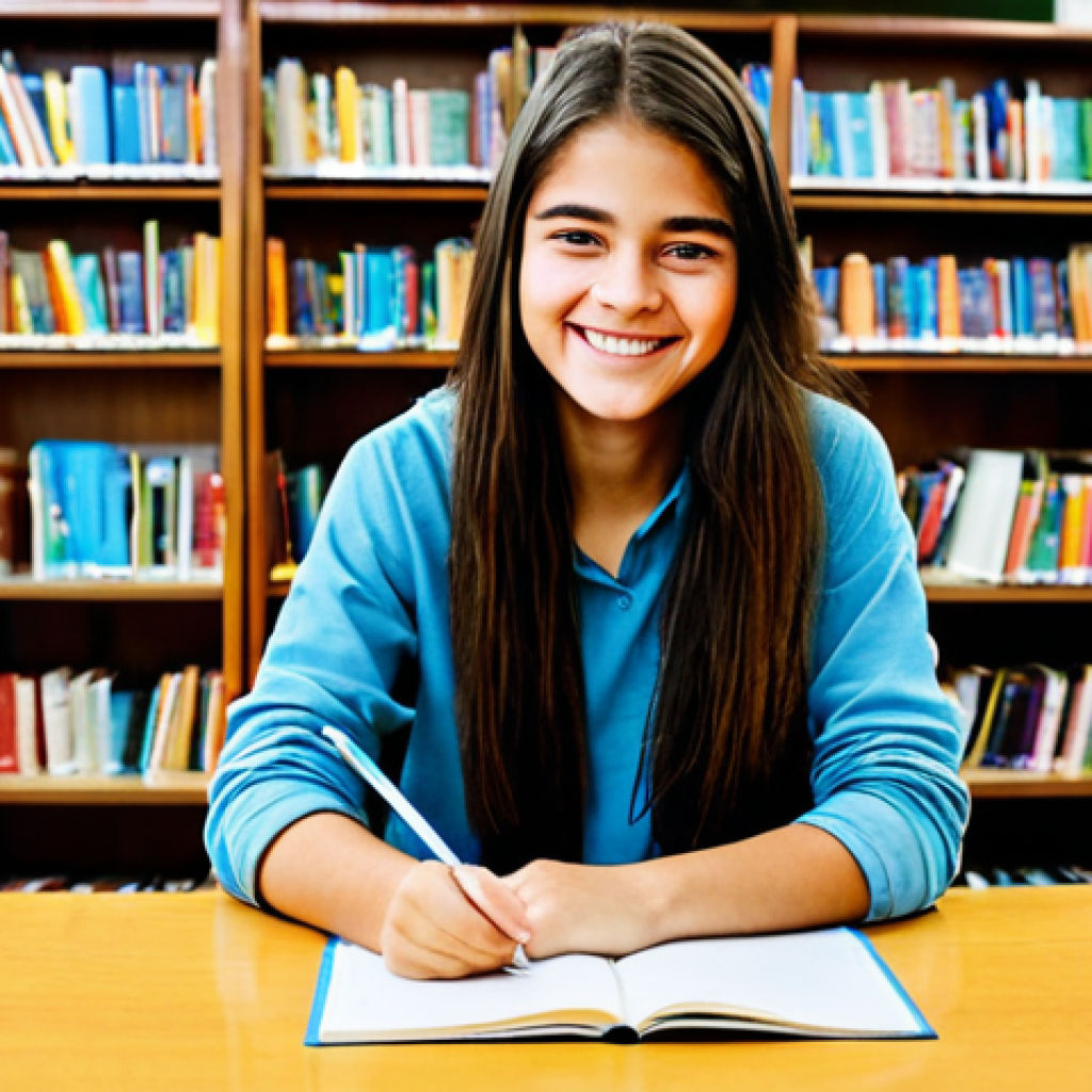 **
"A teenager, fully clothed in casual, modest clothing, is working on a school project at a table in a well-lit library. Books and educational materials are scattered around. She's smiling slightly, looking engaged and focused. Safe for work, appropriate content, perfect anatomy, natural proportions, family-friendly, professional photography, high quality."
**