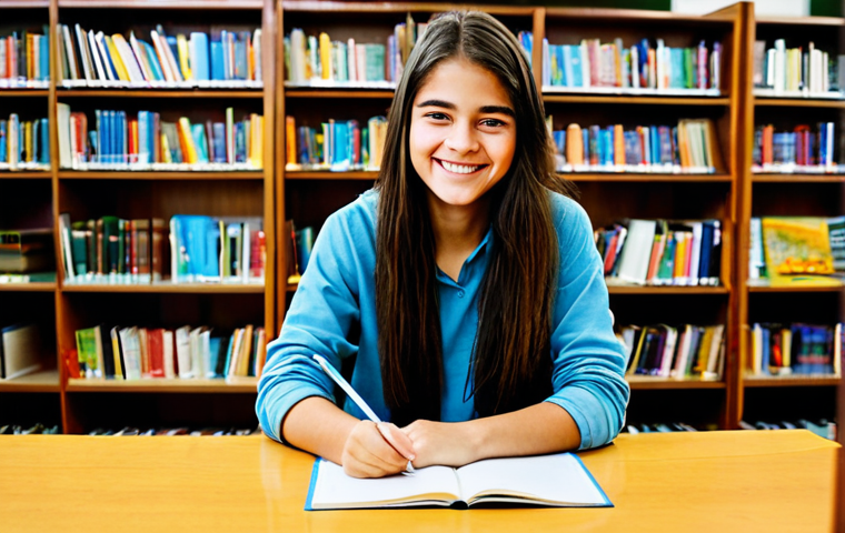 **
"A teenager, fully clothed in casual, modest clothing, is working on a school project at a table in a well-lit library. Books and educational materials are scattered around. She's smiling slightly, looking engaged and focused. Safe for work, appropriate content, perfect anatomy, natural proportions, family-friendly, professional photography, high quality."
**