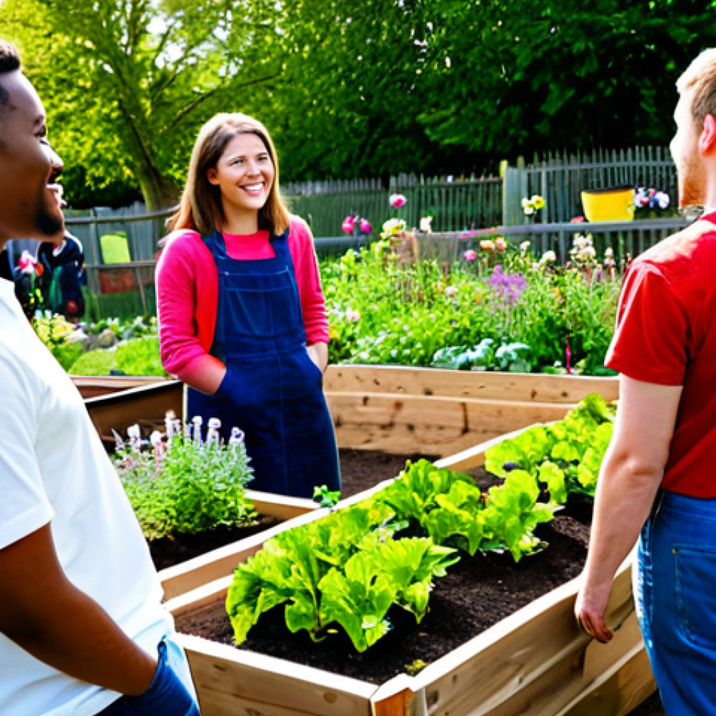청소년지도사로서의 자기계발 방법 - Empathetic Leader**
"A diverse group of young adults gathered around a mentor in a community garden...