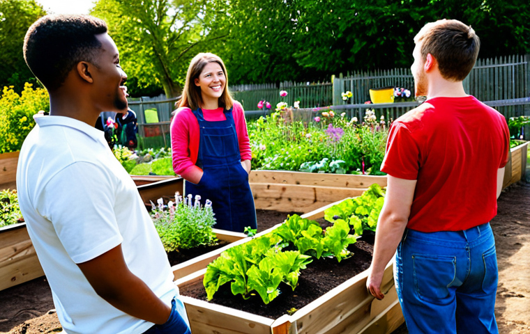 청소년지도사로서의 자기계발 방법 - Empathetic Leader**
"A diverse group of young adults gathered around a mentor in a community garden...