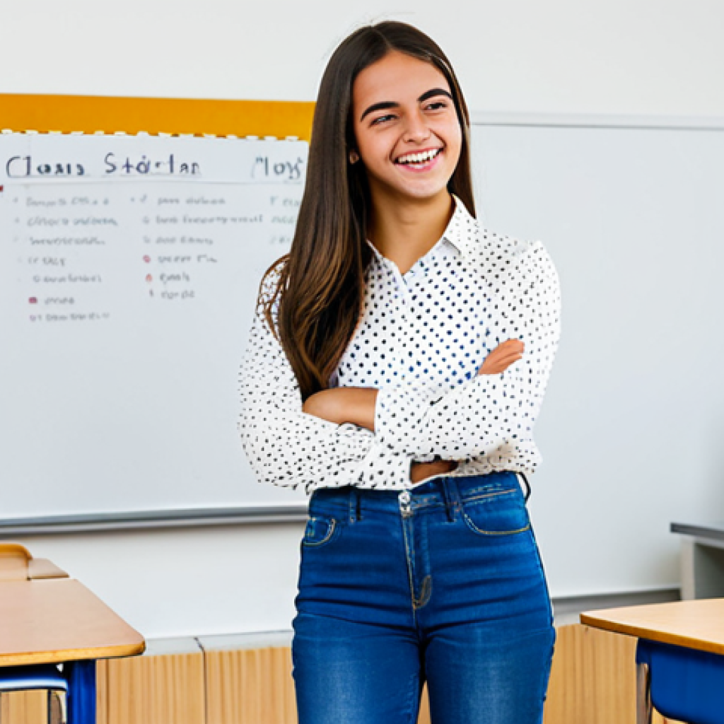 청소년지도사와 관련된 자격증 비교 - **A cheerful high school student in Madrid, Spain, giving a presentation in a classroom. She is ful...