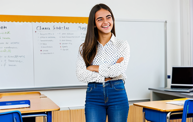 청소년지도사와 관련된 자격증 비교 - **A cheerful high school student in Madrid, Spain, giving a presentation in a classroom. She is ful...