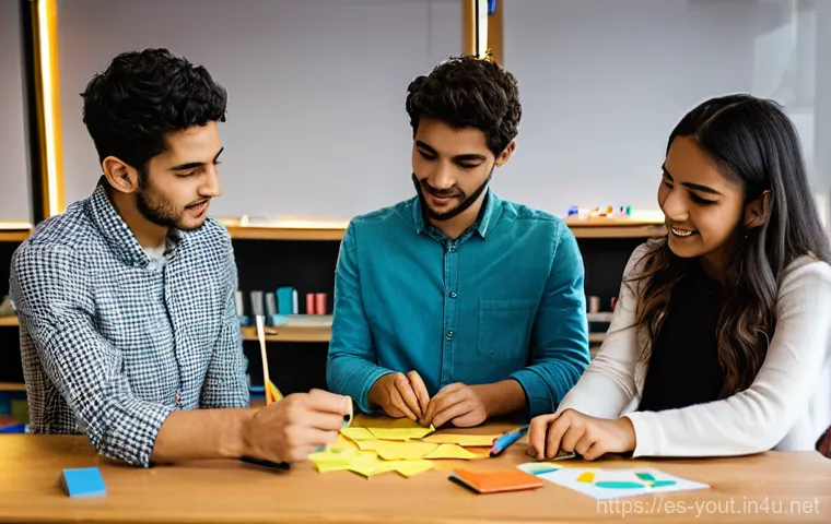 청소년지도사와 청소년의 리더십 개발 사례 - **Prompt:** A diverse group of four young adults, approximately 16-20 years old, from various ethnic...