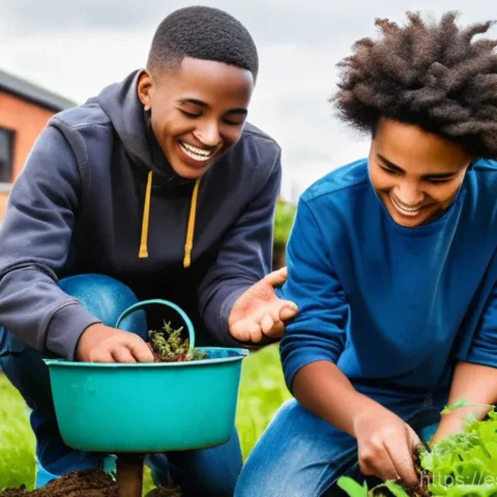 청소년지도사와 청소년 봉사활동 연계 - **Prompt:** A vibrant outdoor scene where a diverse group of teenagers, aged 15-18, are actively inv...