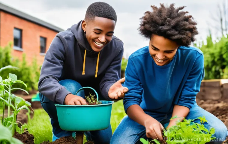 청소년지도사와 청소년 봉사활동 연계 - **Prompt:** A vibrant outdoor scene where a diverse group of teenagers, aged 15-18, are actively inv...