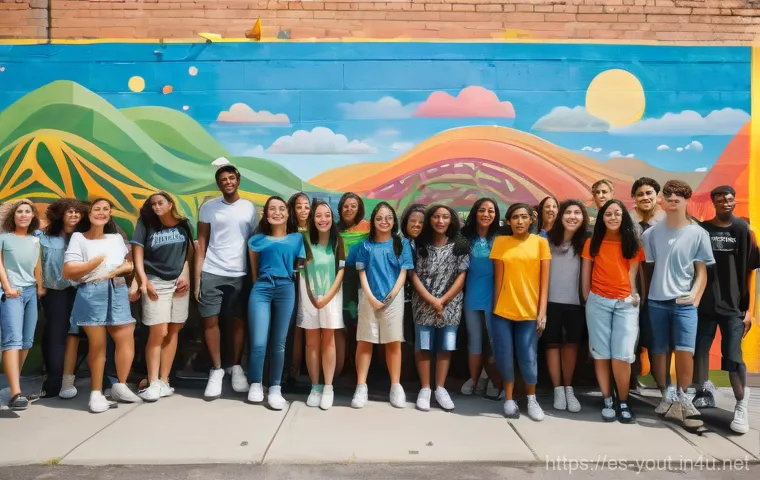 청소년지도사와 청소년 문화활동 지원 - **Prompt:** A vibrant, wide-angle shot of a diverse group of teenagers, aged 14-17, joyfully collabo...