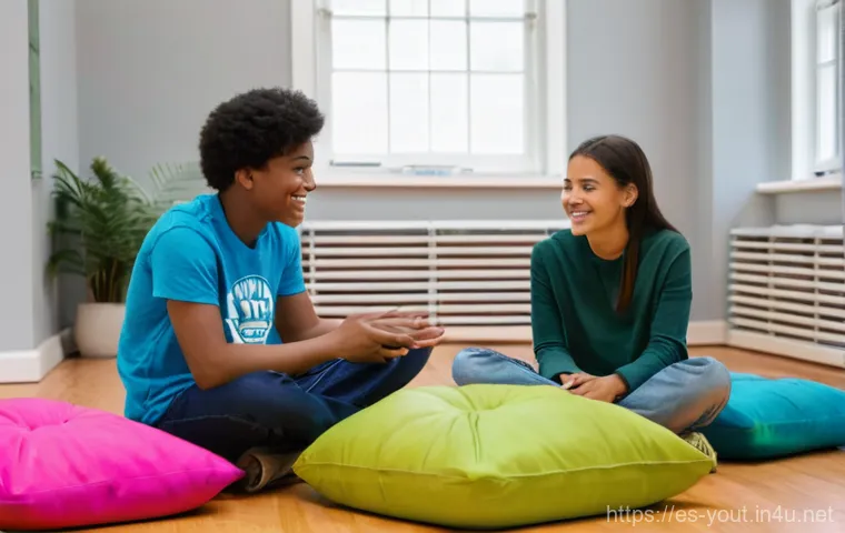 청소년지도사와 청소년 정신건강 프로그램 - **Prompt:** A diverse group of teenagers, approximately 16-17 years old, are depicted in a modern, s...