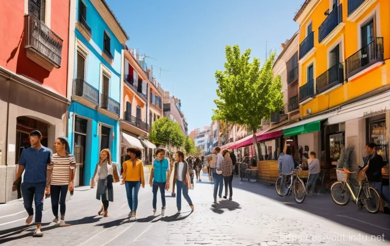 청소년지도사와 협력 기관 관계 관리 - **Prompt:** A vibrant, sunny street scene in a lively Madrid neighborhood. Diverse individuals, incl...