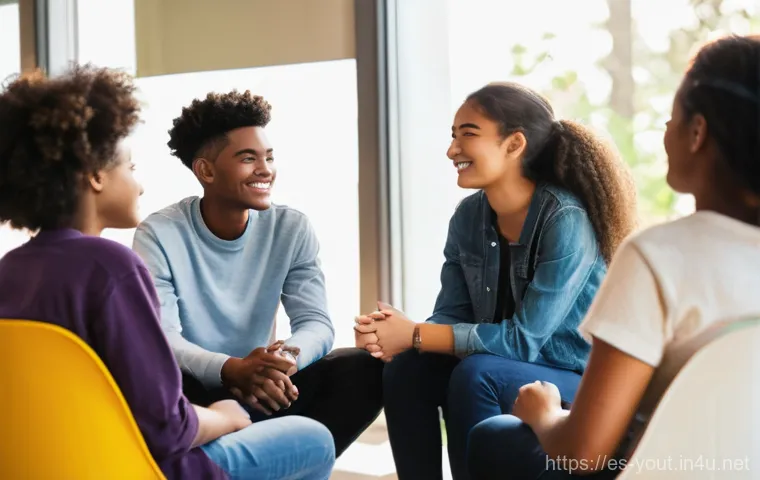 청소년지도사와 청소년 인성교육 사례 - **Prompt 1: Empowering Connection and Empathy**
"A diverse group of 5-6 teenagers (ages 14-17), ...