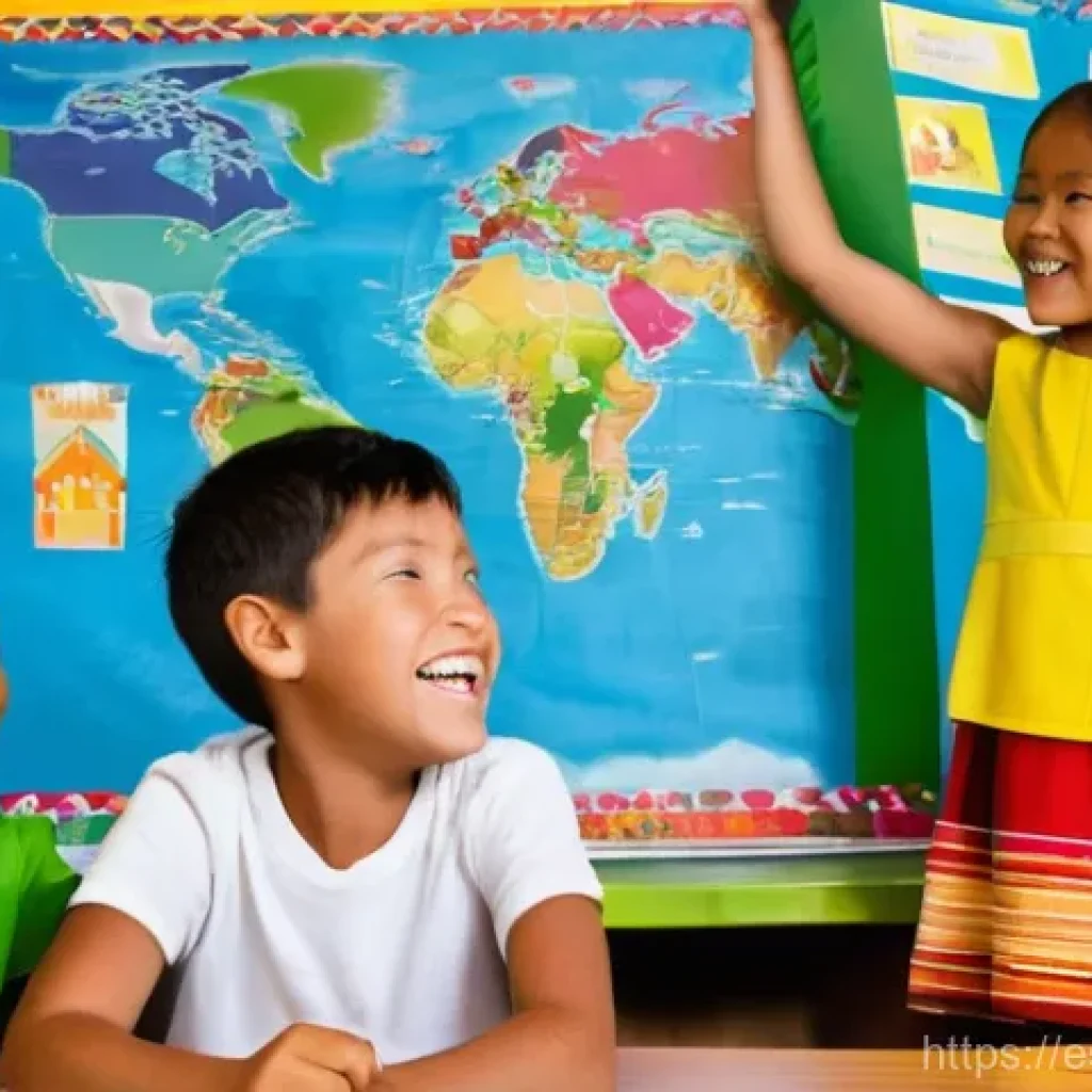 청소년지도사와 청소년 다문화 교육 사례 - **Prompt:** A vibrant, sunlit elementary school classroom bustling with a diverse group of children ...