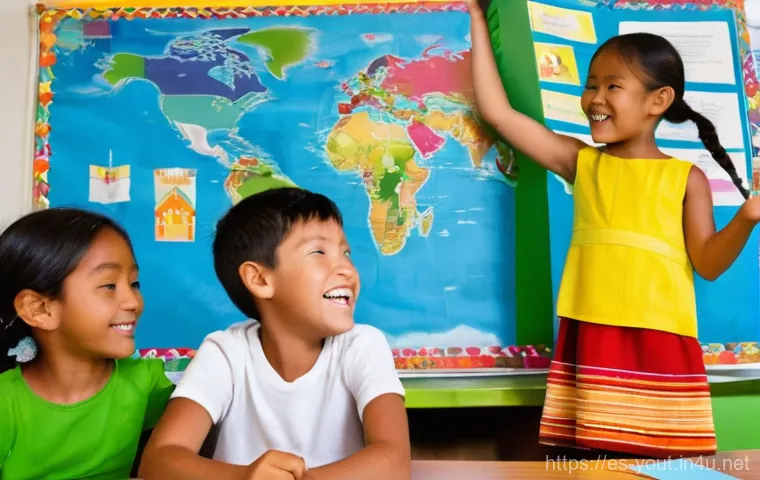 청소년지도사와 청소년 다문화 교육 사례 - **Prompt:** A vibrant, sunlit elementary school classroom bustling with a diverse group of children ...