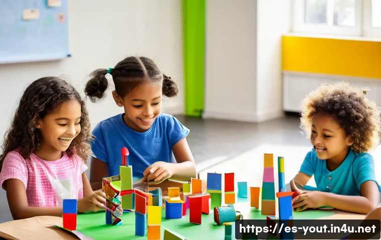 청소년지도사와 청소년의 창의적 문제 해결 사례 연구 - **Prompt:** A vibrant, diverse group of young children, approximately 6-10 years old, are beaming wi...