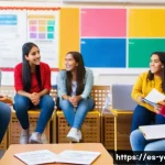 청소년지도사와 청소년 문제 해결 아이디어 공유 - A diverse group of Hispanic teenagers sitting in a colorful community center, engaged in an active l...