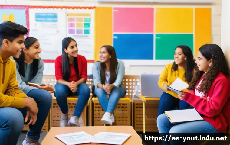 청소년지도사와 청소년 문제 해결 아이디어 공유 - A diverse group of Hispanic teenagers sitting in a colorful community center, engaged in an active l...