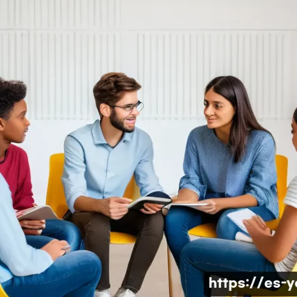 청소년지도사로서의 직업 만족도 - A compassionate youth counselor in a modern community center in Spain, sitting attentively with a di...