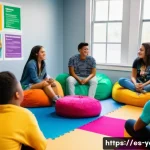 청소년지도사와 청소년 문제 해결 아이디어 - A diverse group of Hispanic teenagers in a bright, welcoming community center, engaged in a lively d...