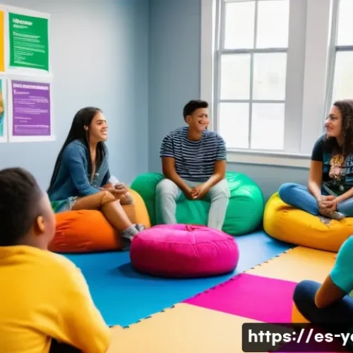 청소년지도사와 청소년 문제 해결 아이디어 - A diverse group of Hispanic teenagers in a bright, welcoming community center, engaged in a lively d...