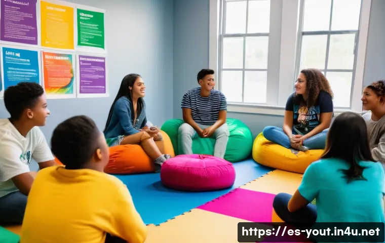 청소년지도사와 청소년 문제 해결 아이디어 - A diverse group of Hispanic teenagers in a bright, welcoming community center, engaged in a lively d...