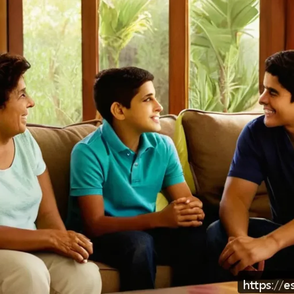 청소년지도사와 청소년 문제의 근본 원인 분석 - A warm, intimate family living room scene in a Hispanic household, showing a diverse teenage boy and...