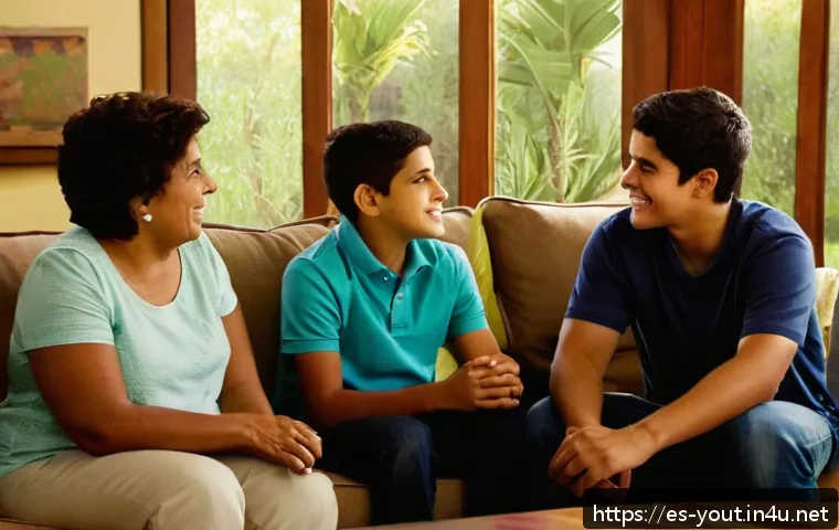 청소년지도사와 청소년 문제의 근본 원인 분석 - A warm, intimate family living room scene in a Hispanic household, showing a diverse teenage boy and...
