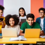Home 19 청소년지도사와 비대면 청소년 상담 사례 - A diverse group of Hispanic teenagers engaging in a lively virtual workshop via laptops and smartpho...
