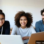 Home 18 청소년지도사로서의 디지털 도구 활용 - A diverse group of young Spanish-speaking students collaborating online using laptops and tablets, w...