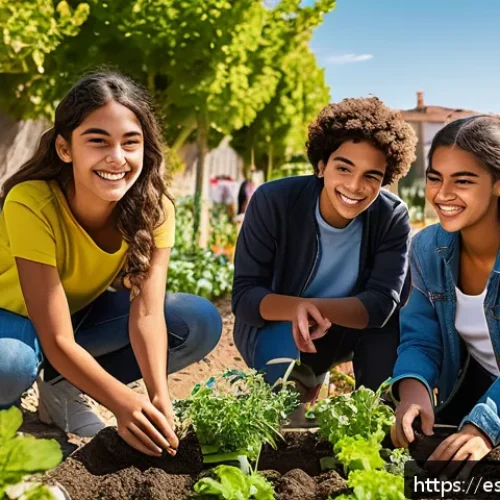 Home 17 청소년지도사와 청소년의 사회적 기여 사례 - A diverse group of confident Hispanic teenagers participating in a community garden project in a vib...