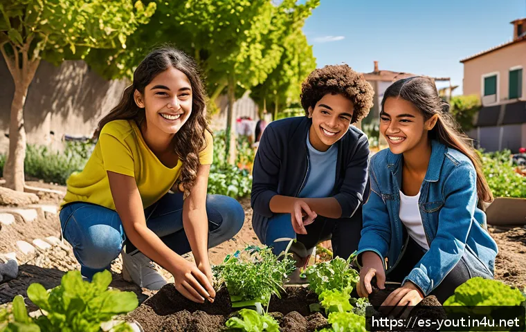 청소년지도사와 청소년의 사회적 기여 사례 - A diverse group of confident Hispanic teenagers participating in a community garden project in a vib...
