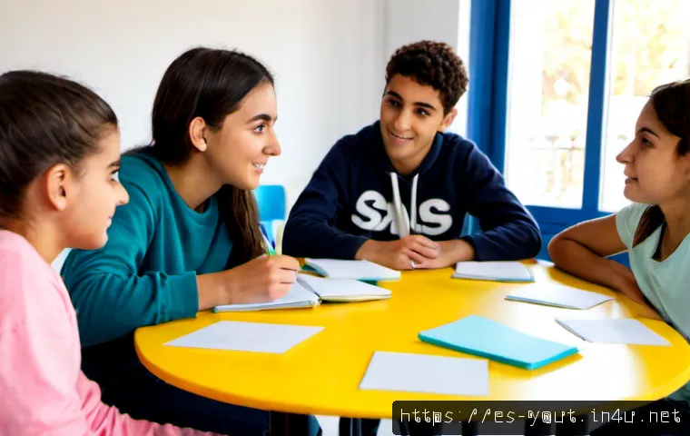 Home 17 청소년지도사와 청소년 문제 해결 전략 개발 - Photorealistic youth counselor facilitating a supportive problem-solving workshop with four diverse ...
