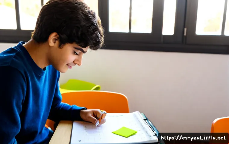 청소년지도사로서의 연간 목표 설정 - Photorealistic youth mentor in a bright community center in Madrid, Spain, seated at an organized de...