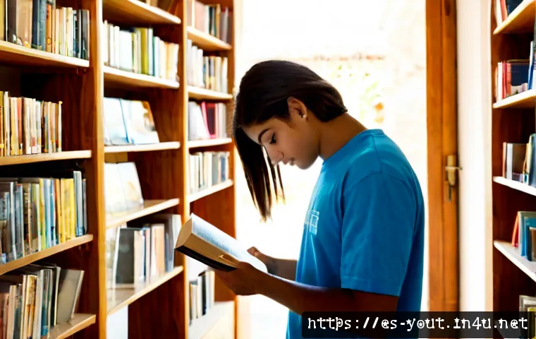 청소년지도사 경력자의 추천 서적 - Photorealistic Spanish youth counselor in a bright community center library, thoughtfully selecting ...